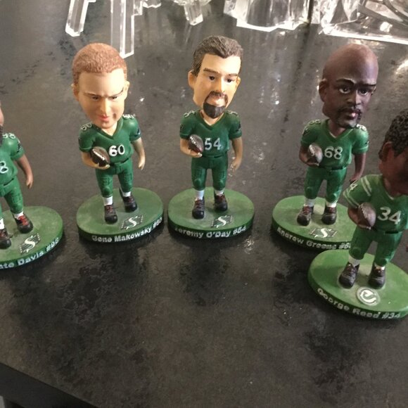 Set of 5 Saskatchewan Roughrider gift with purchase bobble heads excellent shape - Picture 1 of 8